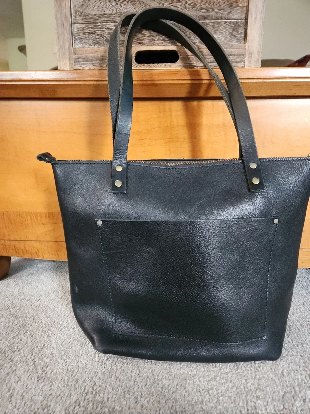 Portland Leather Goods Black Leather Tote Bag Zip Top - Picture 6 of 7